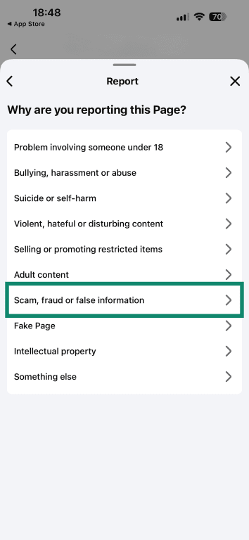 The Report menu in the Facebook app asks for the reason for reporting a page.
