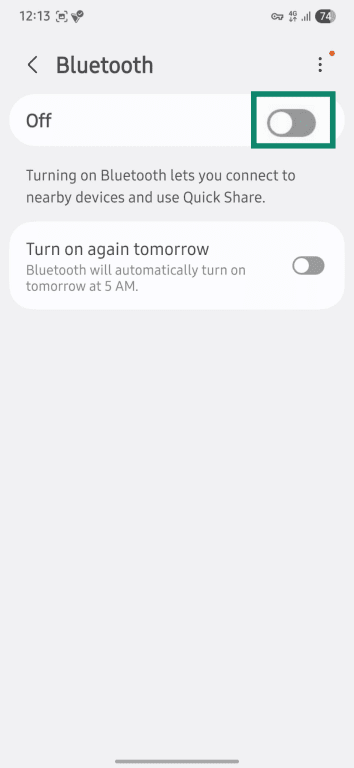 Highlighting toggling Bluetooth off in Android.