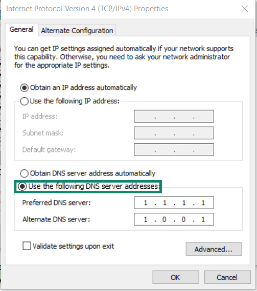 Use the following DNS server addresses option highlighted in the Windows settings.