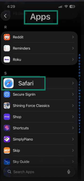 Safari app in Apps in iPhone settings.
