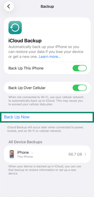iPhone iCloud Backup settings with Back Up Now option highlighted.