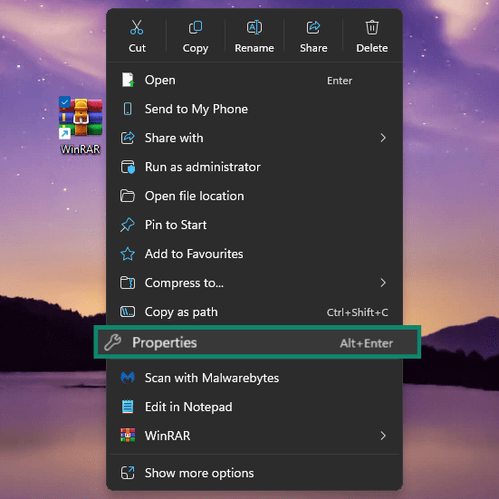 Windows desktop with WinRAR program options menu open