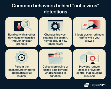 Infographic showing a list of behaviors that commonly trigger “not a virus” antivirus detections