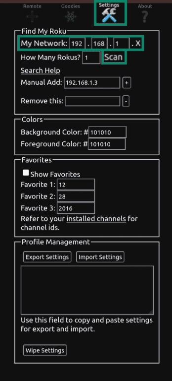 "Settings" option and manual IP address fields highlighted in the Remoku web app for Roku TVs.