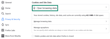 In the Firefox Privacy and Security section, the Clear browsing data section is highlighted.