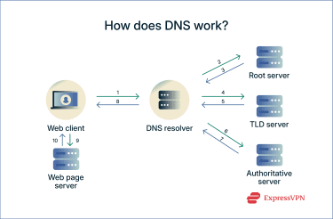 Diagram illustrating how DNS works: the user's device sends a query to a DNS resolver. The resolver contacts a root server, then a TLD server, and finally an authoritative DNS server to retrieve the correct IP address. The IP address is returned to the user's device, enabling it to connect to the website.