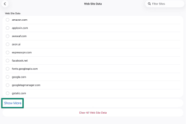 Show More option in Web Site Data on Firefox for iPad.