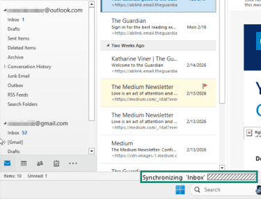 "Synchronizing 'Inbox'" option highlighted in Outlook Classic.
