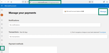 "Payment Options" and Microsoft balance section in a Microsoft account.
