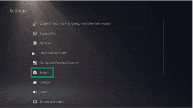 The "Settings" menu on a PlayStation 5. The "System" option is highlighted.