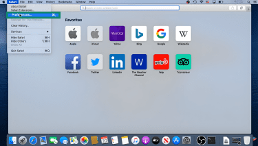 Mac with Safari open and Safari menu visible with Preferences highlighted