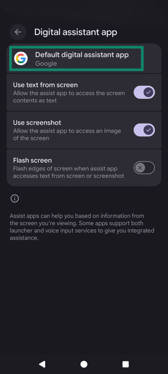 The Android default digital assistant menu , directing users to the "Default digital assistant app" option.