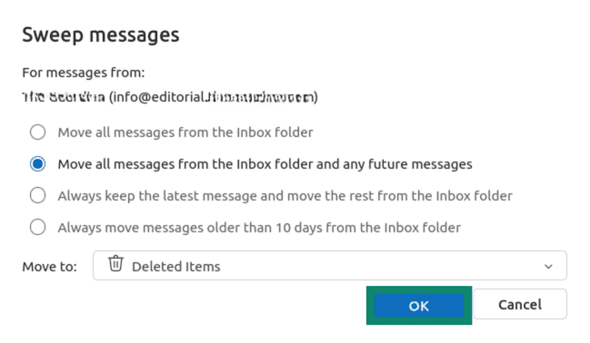 Outlook Sweep messages confirmation screen with the option to "Move all messages from the Inbox folder and any future messages" selected.
