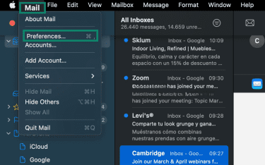 Apple Mail top menu open with Settings option selected.