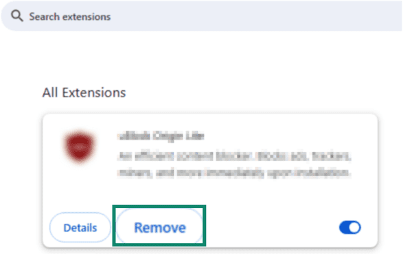 "Remove" option selected for an extension on Google Chrome.