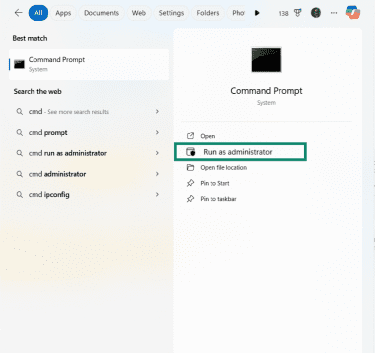 The Windows Start menu, showing the option to launch the Command Prompt as an administrator.