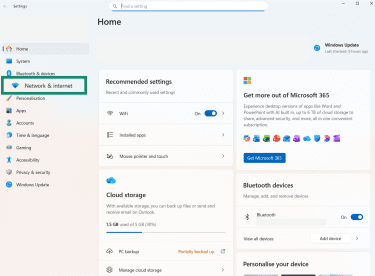 The Windows Settings menu, showing the Network and internet option.