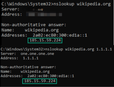 Windows Command Prompt showing two nslookup queries for wikipedia.org