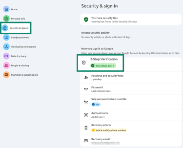 "2-Step Verification" option highlighted in the Google security settings.