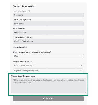 Description box requesting permanent Roblox account deletion.