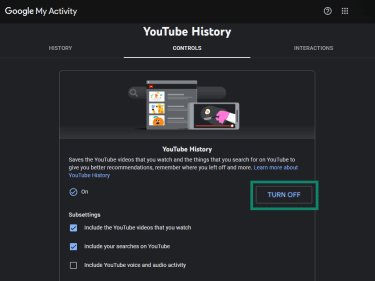 YouTube History controls with TURN OFF button highlighted