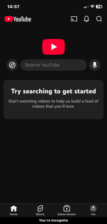 YouTube app open with Incognito mode active.
