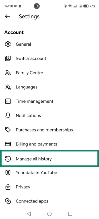 YouTube app settings page with Manage all history option highlighted
