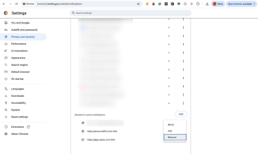 Chrome notification site options menu with Remove selected