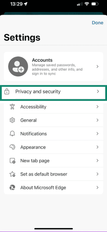 Edge on Android with Settings open and Privacy and security option highlighted
