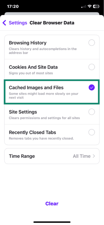 Opera on iOS Clear Browser Data Settings with Cached Images and Files option highlighted