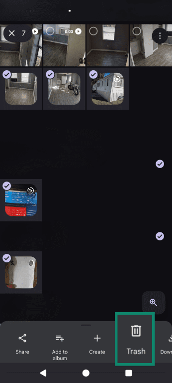 Google Photos homepage, displaying multiple selected photos while highlighting the Trash option.