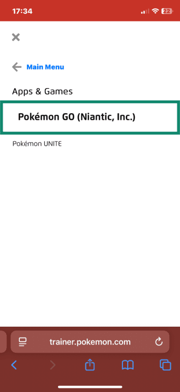 Pokémon Trainer Central Apps & Games options open with Pokémon GO (Niantic, Inc.) highlighted