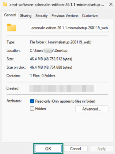 The OK button within the General settings on Windows.