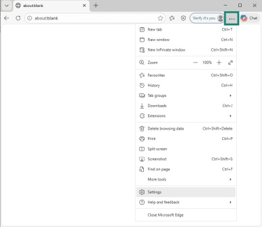 Edge browser window with meatballs menu open and Settings highlighted.
