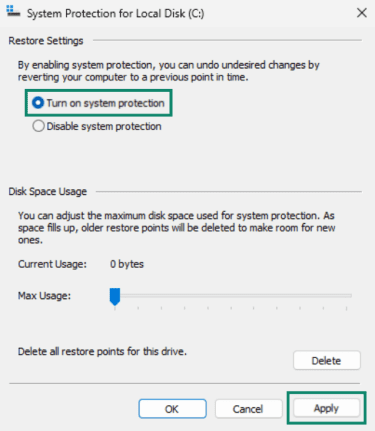Windows system restore settings, where to apply "Turn on system protection".