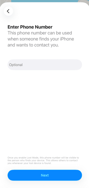 iPhone Lost Mode settings showing a phone number field and a blue Next button.