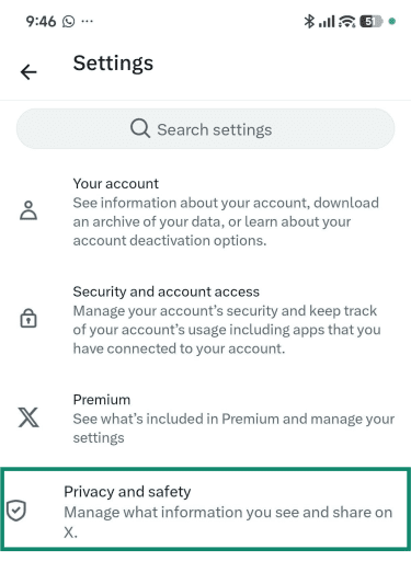The Android X app settings menu is open and the Privacy and safety option is highlighted.