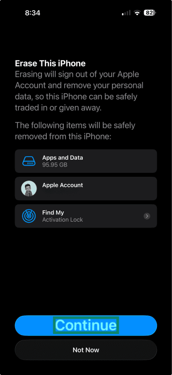 Erasing data from iPhone confirmation prompt.