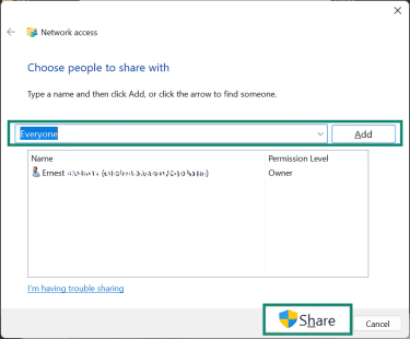 Network access window showing how to configure access to a file.