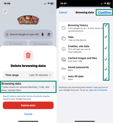 "Browsing data" and data checkboxes highlighted in Chrome on iPhone.
