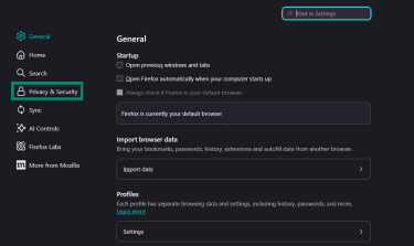 Privacy & Security highlighted in the Settings menu of Firefox.