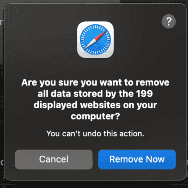 Safari confirmation dialog asking to remove all stored website data.