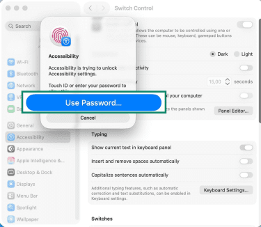 A macOS system prompt asking to "Use Password" to unlock Accessibility settings.