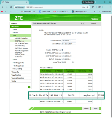 Raspberry Pi IP address listed in router's connected devices.