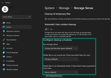 Storage Sense configuration options on Windows.