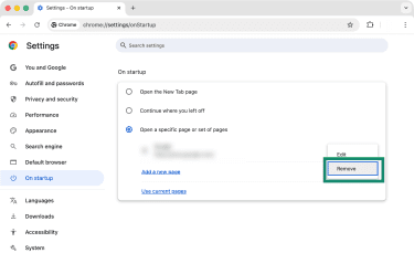 Chrome's Settings panel with option that lets you change the default home page.
