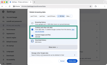 Chrome's Delete browsing data panel with a highlight that encompasses cookies, cached images, and files.