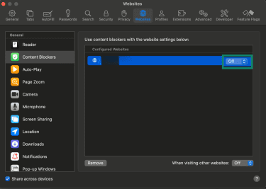 The "Off" option for a Content Blocker in Safari highlighted.