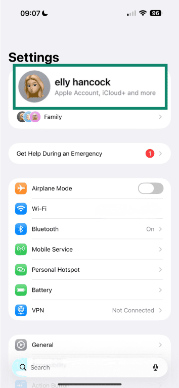 iPhone Apple ID settings.