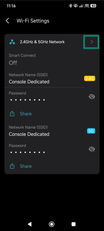 TP-Link mobile app's Wi-Fi Settings with the arrow next to 2.4GHz & 5GHz Network option highlighted.